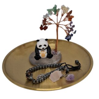 AdelaArT – Presenteer-, Sieraad- en Serveerschaaltje - Geluksboom met Panda - rozenkwarts edelsteentjes - collector’s item - goudkleur Schaal rond 17cm