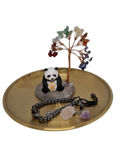 AdelaArT – Presenteer-, Sieraad- en Serveerschaaltje - Geluksboom met Panda - rozenkwarts edelsteentjes - collector’s item - goudkleur Schaal rond 17cm