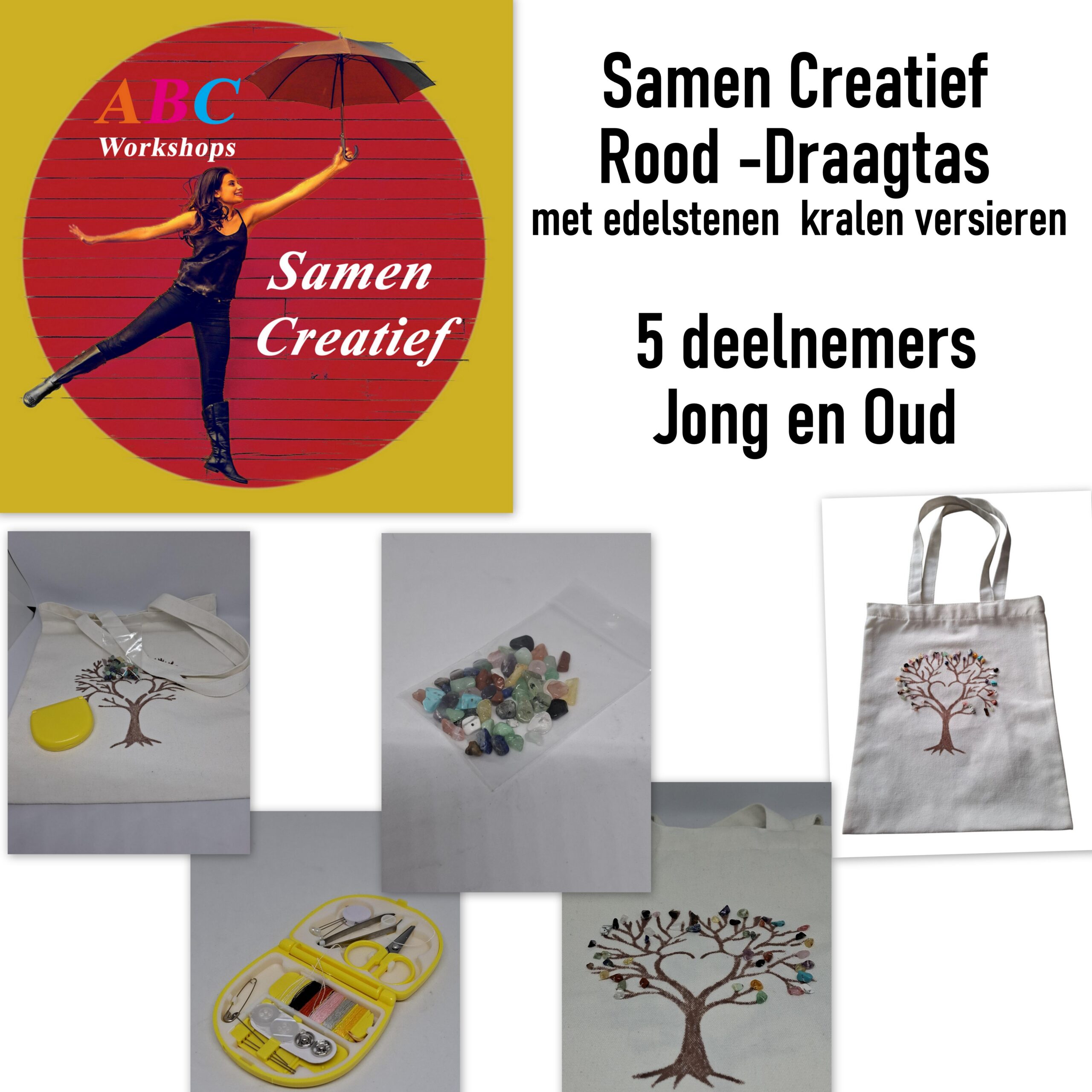 Samen Creatief – Tas met edelsteen kralen – Rood – voor 5 deelnemers, geschikt voor Jong & Oud – canvas draagtas wit