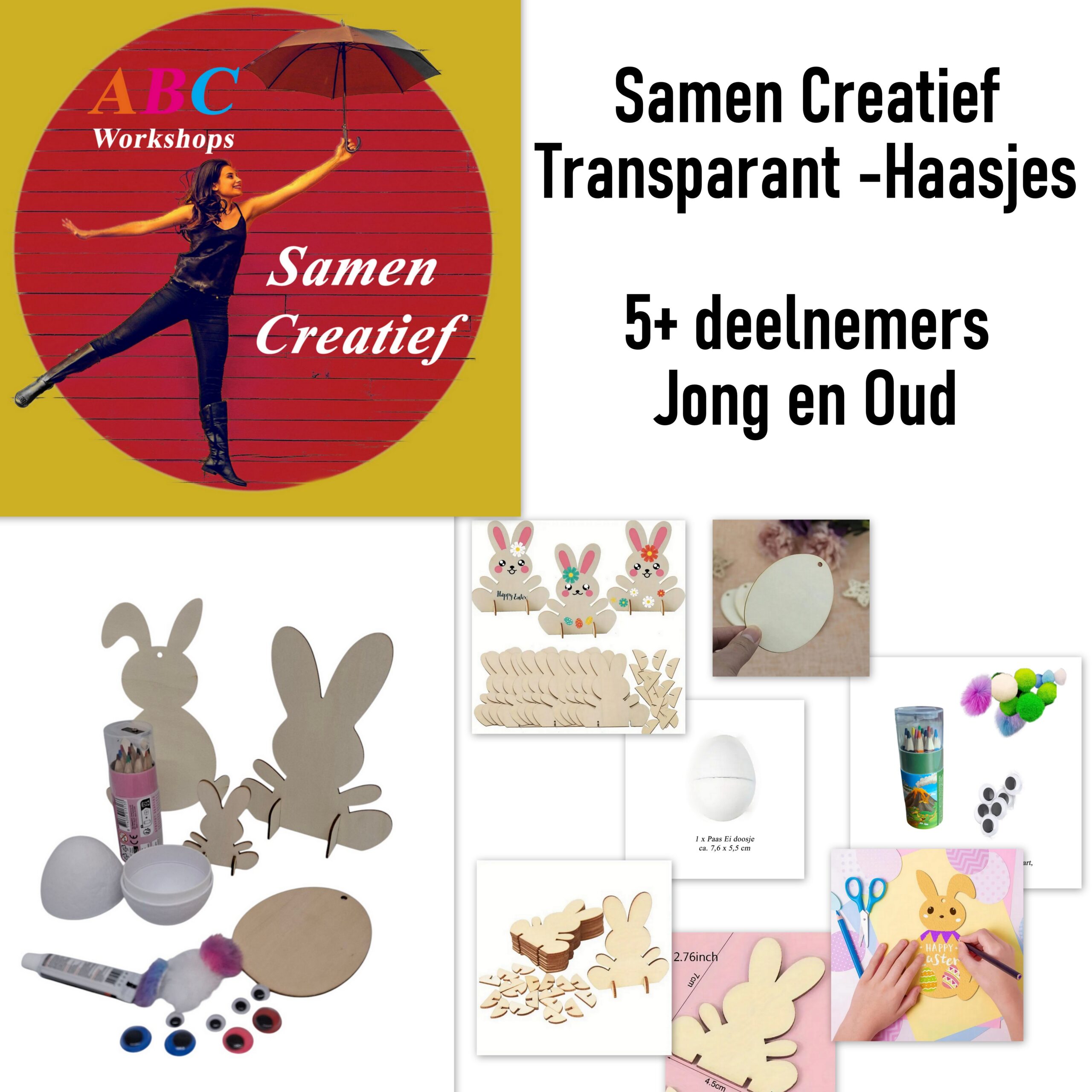 Samen creatief – Knutselpakket konijntjes – Transparant – voor 5+ deelnemers – geschikt voor kinderen – konijntjes en ei inkleuren