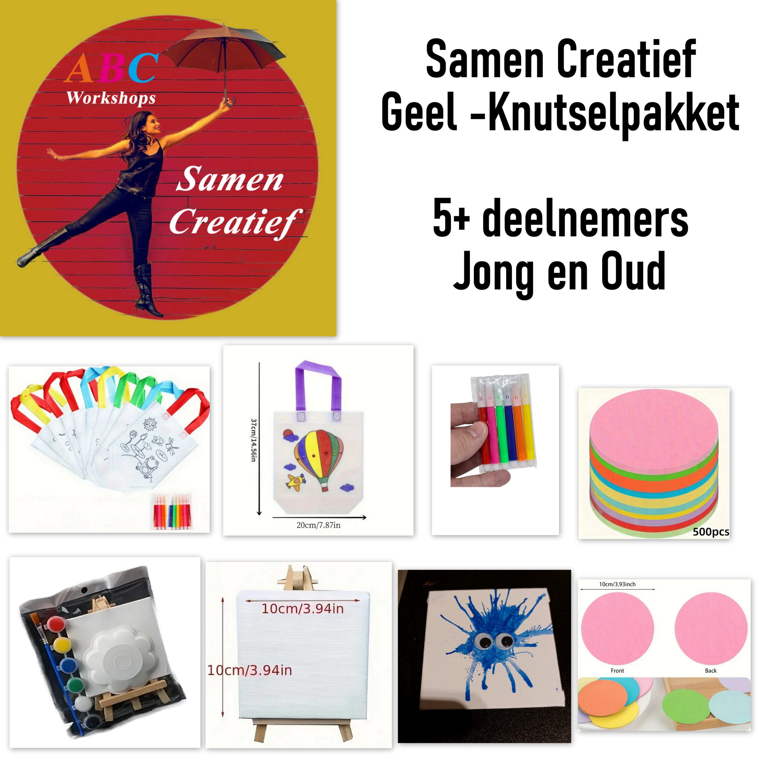 Samen creatief – Knutselpakket vol Plezier – Geel – voor 5+ deelnemers – geschikt voor kinderen – tasje inkleuren en verf setje